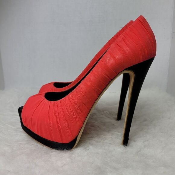 Giuseppe Zanotti Red Ruched Silk Peep Toe Platform Pumps Size 6.5